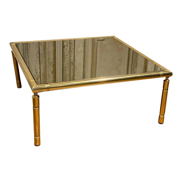 Mid-Century French Brass Smoked Mirror Coffee Table For Sale