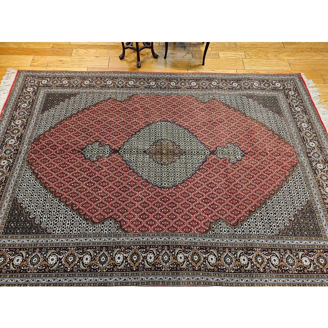Antique Tabriz Mahi Rug, Hand-Knotted Wool & Silk, Herati Geometric Pattern, Red & Ivory, 7x10 For Sale In Chicago - Image 6 of 17