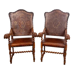 Pair of Italian Oversized Carved Baroque Style Thrones in Gilt Tooled Leather, Circa 1860