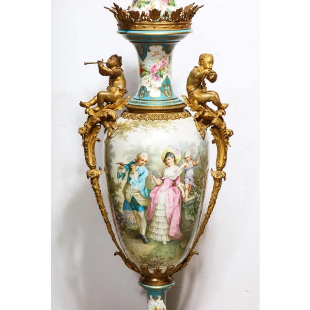 Ceramic Mid 19th Century Palatial French Ormolu-Mounted Sevres Porcelain Hand-Painted Vase and Cover For Sale - Image 7 of 18