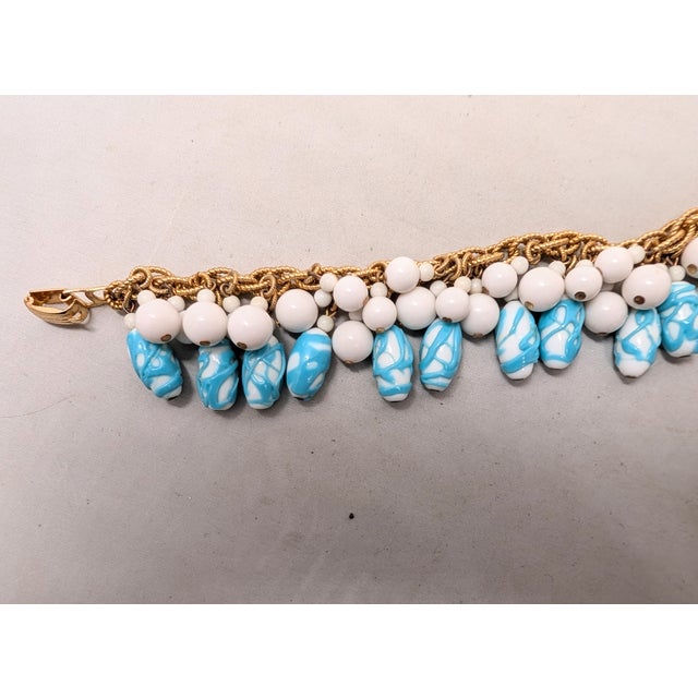 White Vintage Napier Book Piece Goldtone Blue & Turquoise Art Glass Charm Bracelet, 1967 For Sale - Image 8 of 15