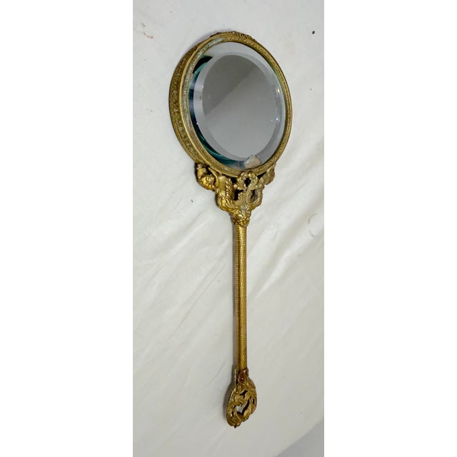 19th Century Large Antique 19th Century Gilt Bronze Petit Point Embroidery Vanity Hand Mirror For Sale - Image 5 of 14