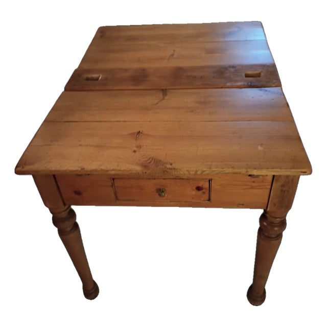 Antique Pine Farm Table With Drawer With Set of 4 - 1870s French Wicker Chairs For Sale