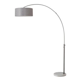 1960s Mid Century Float Arc Floor Lamp - 92" Modern Arc Lamp, Black Nickel Steel Body, White Marble Base, Cashmere Gray Linen Shade, Dimmable For Sale