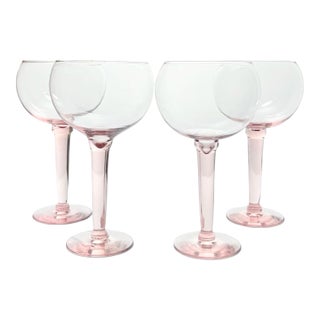 1980s Vintage Blush Pink Blown Large Balloon Bowl Wine Glasses - Set of 4 For Sale
