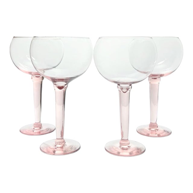 1980s Vintage Blush Pink Blown Large Balloon Bowl Wine Glasses - Set of 4 For Sale