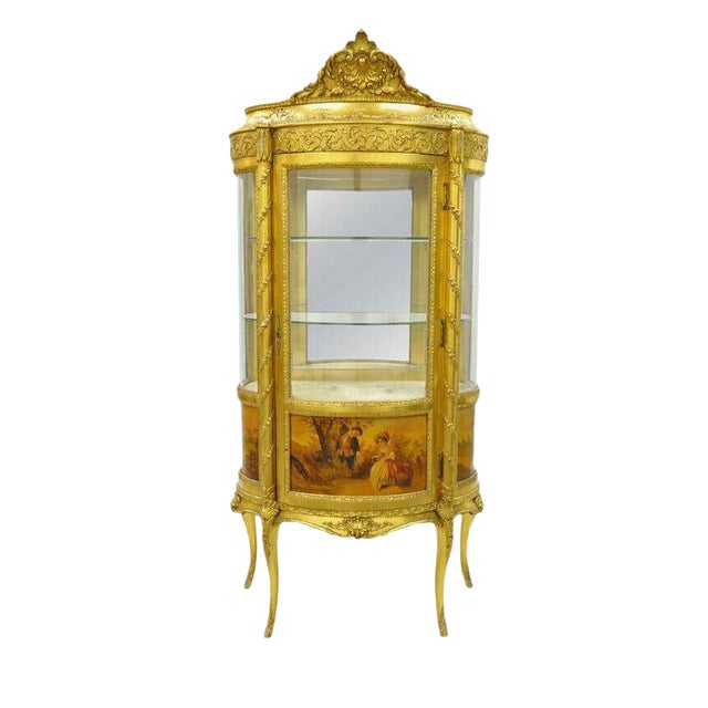 French Louis Xv Gold Gilt Wood Vernis Martin Curved Glass Vitrine