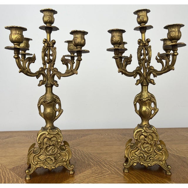 Rococo Vintage French Brass Ornate Candleholders, Set of 2 For Sale - Image 3 of 12