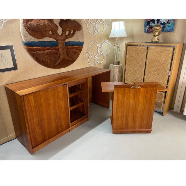 Brown Custom Made Buffet Credenza With Lighted Wine Bar and Hidden Bar Cart For Sale - Image 8 of 17