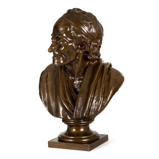 French Antique Bronze Sculpture “Bust of Voltaire” After Jean-Antoine Houdon For Sale - Image 4 of 18