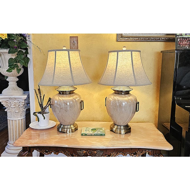 Pair of Vintage Hollywood Regency Swirl Metal Table Lamps With Linen Shades For Sale - Image 12 of 12