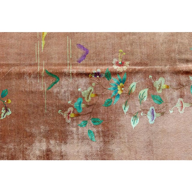 1920s Scenic Coral Antique Chinese Art Deco Bird Knotted Wool Carpet Rug For Sale - Image 4 of 11
