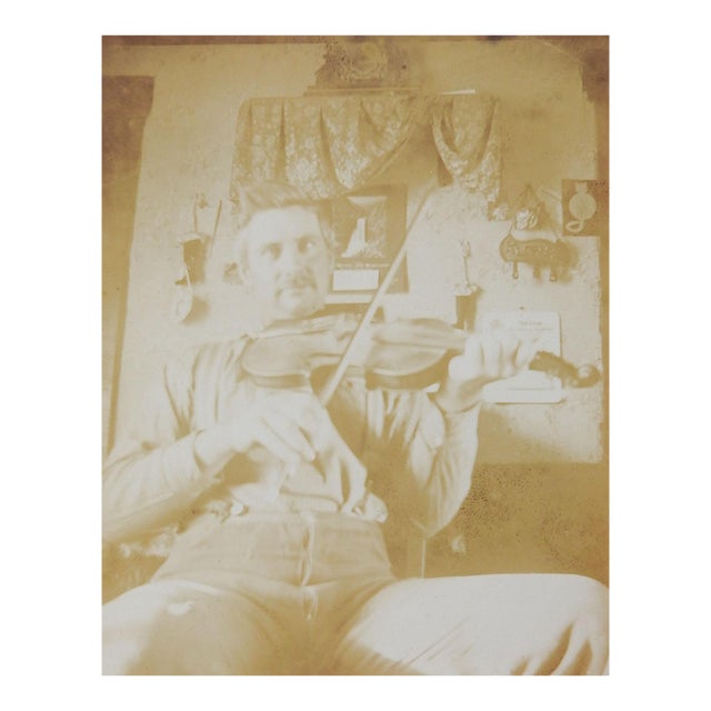 Early 20th Century Albumen Photograph Man Playing Fiddle Violin For Sale