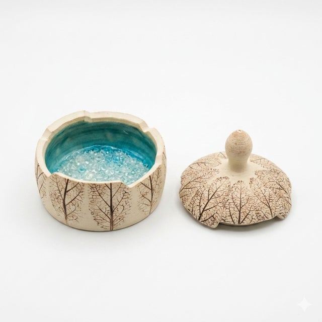 Glass Vintage Studio Pottery Jewelry Box Lidded Leaf Imprint Ceramic Trinket Box Turquoise Interior For Sale - Image 7 of 7