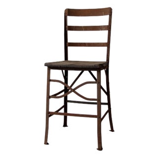 Antique Early 20th Century Riveted Metal Chair With Wood Seat For Sale