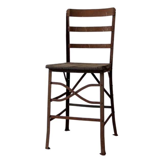 Antique Early 20th Century Riveted Metal Chair With Wood Seat For Sale