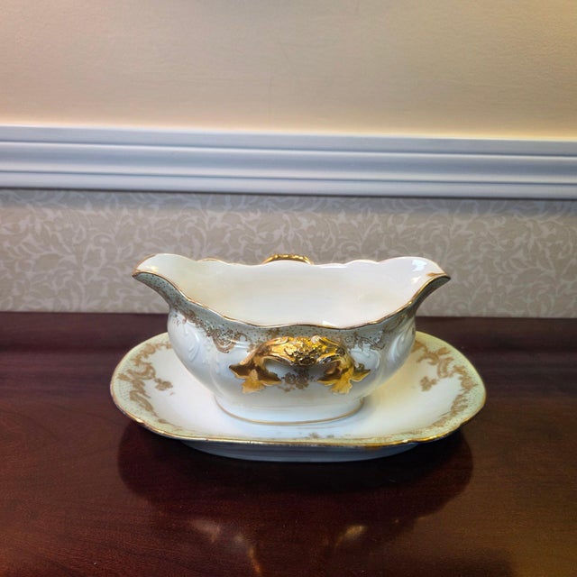 White Antique Elite Works Limoges Two-Handled Gravy Boat - Celadon Dots and Gilded Scrolls For Sale - Image 8 of 17