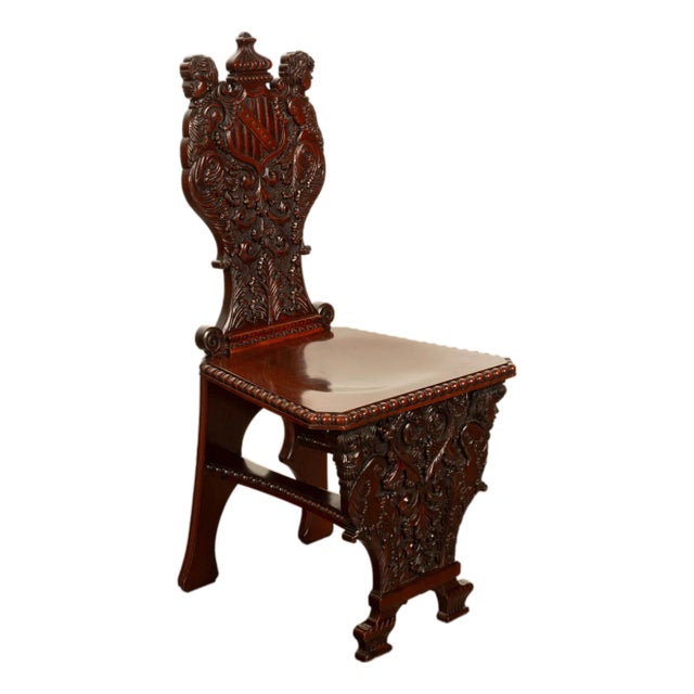 Antique Carved Italian Renaissance Revival Sgabello Chair Coat of Arms & Cherubs, 1870 For Sale