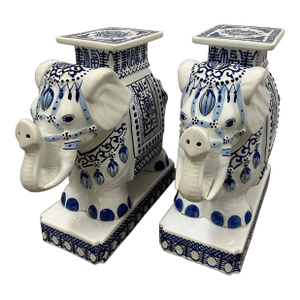 Vintage Chinese Blue and White Porcelain Elephant Garden Stools - A Pair