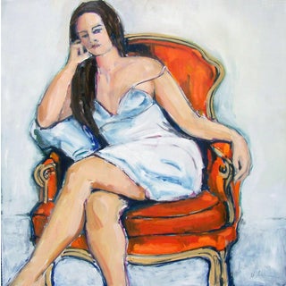 Woman in Orange Chair I Oil on Board Portrait For Sale