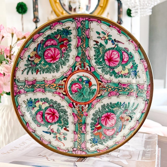 Metal Vintage Hand-Painted Rose Canton Brass Encased Bowl For Sale - Image 7 of 7