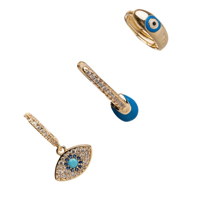 Metal Blue Evil Eye Gold & Diamond Trio Hoop Earring Set, 3 Pieces For Sale - Image 7 of 8