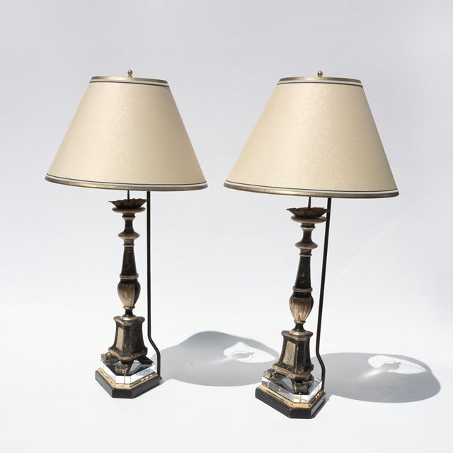 Wood Pair of Italian Neoclassical Black and Silver-Gilt Candlestick Lamps Circa 1820 For Sale - Image 7 of 8