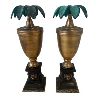 Pair of Vintage Brass Urn Style Candle Holders Palm Tree Style For Sale