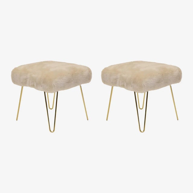 Montage Faux Fur Ottomans on Brass Hairpin Legs, Pair For Sale In New York - Image 6 of 6