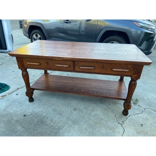 Brown Antique Arts and Crafts Oak Library Desk Writing Table Wirh Shelf Mission Style For Sale - Image 8 of 18