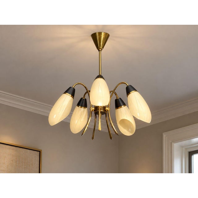 German Mid-Century Modern, Five-Light Chandelier or Pendant Light, Brass, Metal, Glass, Germany, 1950s An interesting five...