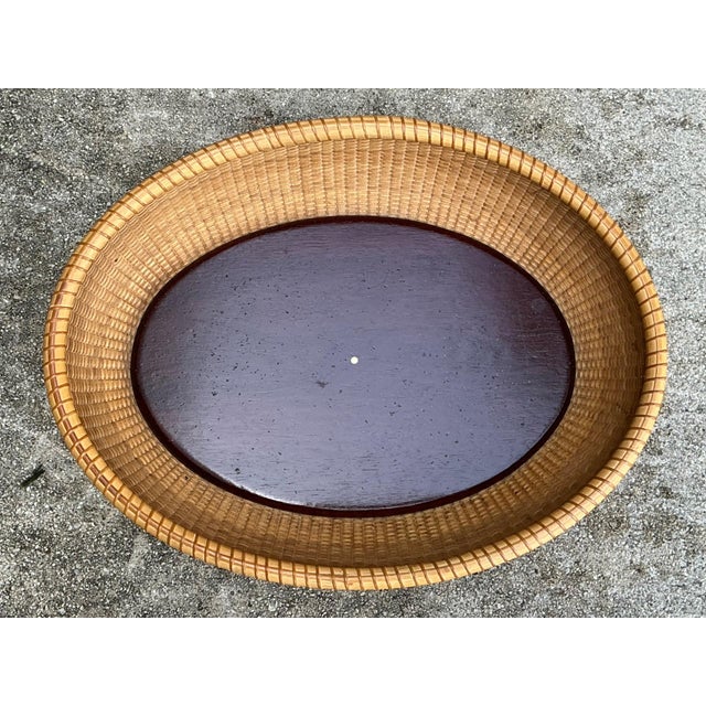 Vintage Rattan Woven Nantucket Basket With Wood Base For Sale In West Palm - Image 6 of 12