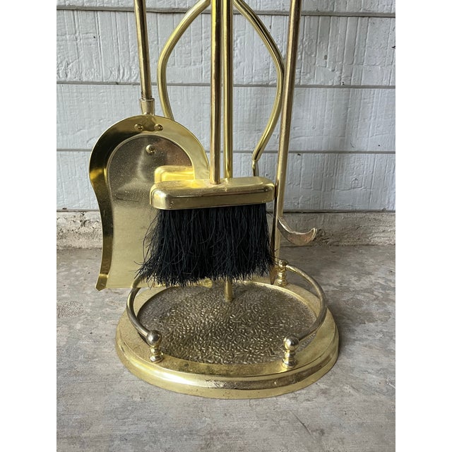Hollywood Regency Vintage Solid Polished Brass 5-Piece Fireplace Tool Companion Set For Sale - Image 3 of 11