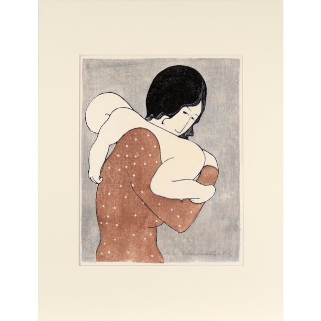"Lady Holding a Baby" - Woodblock Print on Laid Rice Paper Elegant woodcut print by Stephen White (American, b. 1939). In...