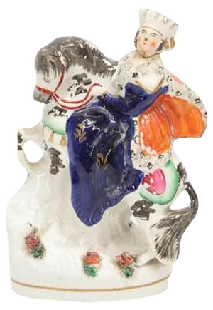 Antique English Ceramic Statue of Woman Riding a Horse from Bow