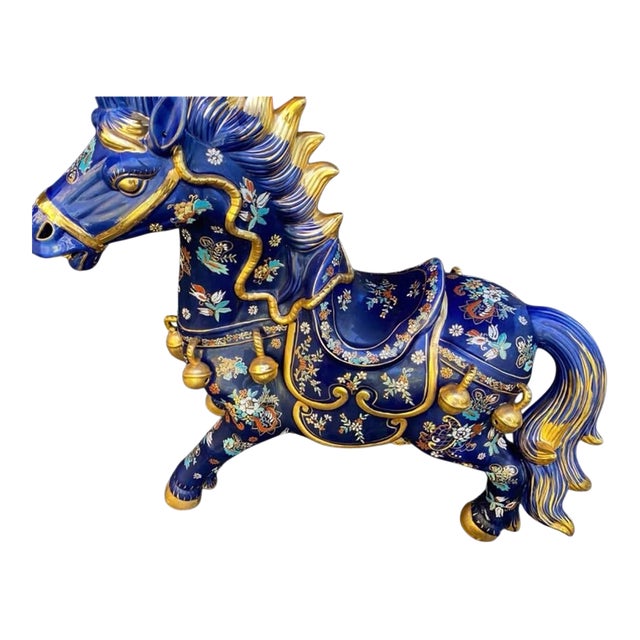 Chinese Cloisonné Horse Figurine With Gold-Tone Accents For Sale