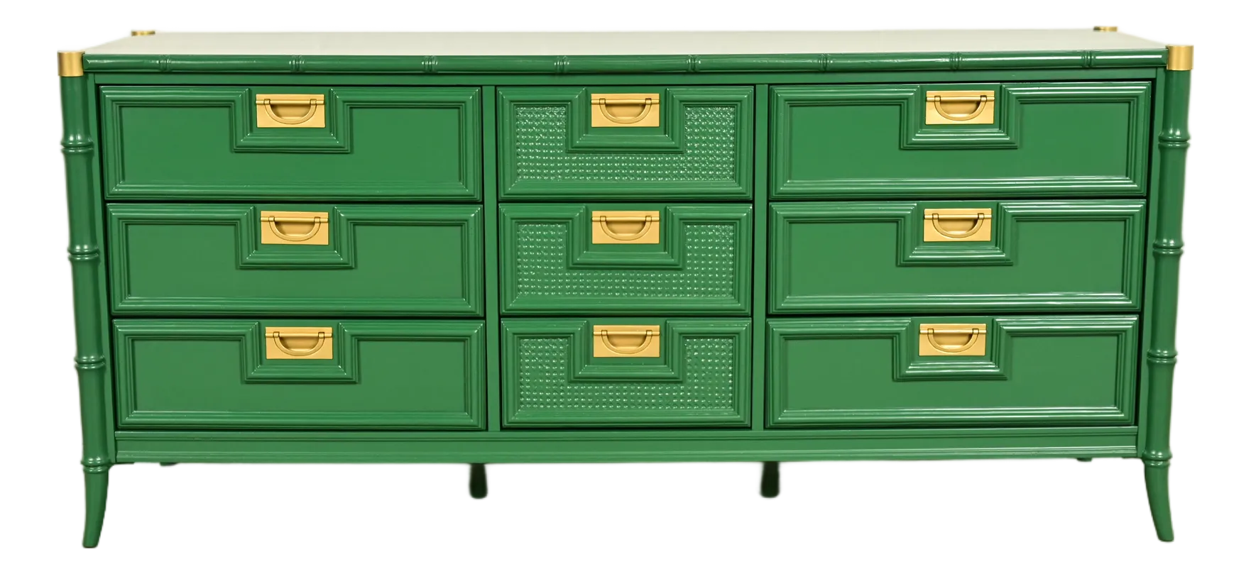 Mid-Century Hollywood Regency Campaign Green Lacquered Faux Bamboo Triple  Dresser or Credenza by Stanley, Newly Refinished | Chairish