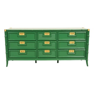 Mid-Century Hollywood Regency Campaign Green Lacquered Faux Bamboo Triple Dresser or Credenza by Stanley, Newly Refinished For Sale