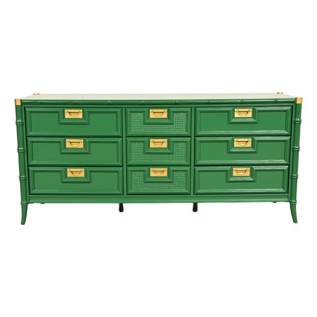 Mid-Century Hollywood Regency Campaign Green Lacquered Faux Bamboo Triple Dresser or Credenza by Stanley, Newly Refinished For Sale