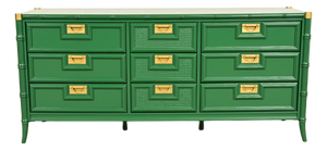 Mid-Century Hollywood Regency Campaign Green Lacquered Faux Bamboo Triple Dresser or Credenza by Stanley, Newly Refinished