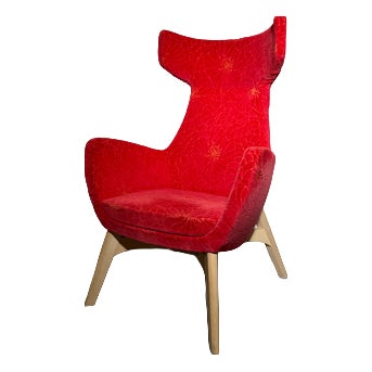 High Back Accent Lounge Chair in Red Floral Velvet For Sale