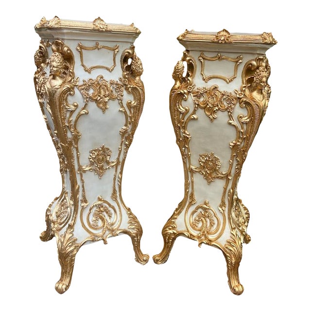 Late 20th C Italian Baroque Cream Gold Pedestals – Pair For Sale
