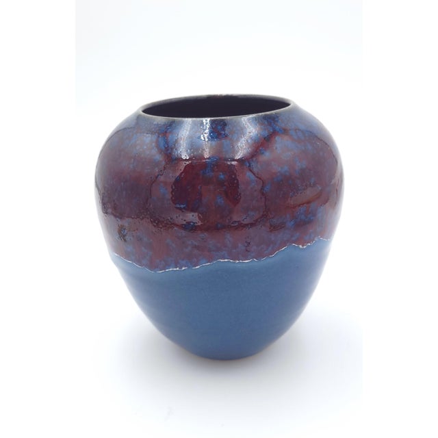Bill Stewart Hand Thrown Vase Blue W/ Red Drip Glaze 5.5" For Sale - Image 4 of 12
