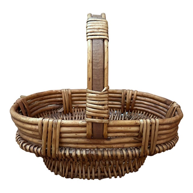 Late 20th Century Rattan and Wood Footed Basket With Handle For Sale