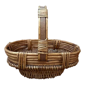 Late 20th Century Rattan and Wood Footed Basket With Handle
