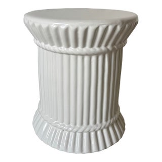 Hollywood Regency Style White Glazed Faux Bamboo Ceramic Stool or Side Table For Sale