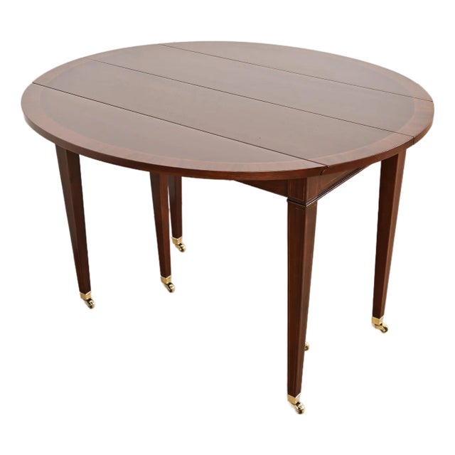 Baker Furniture Federal Banded Mahogany Drop Leaf Dining or Breakfast Table, Newly Refinished For Sale