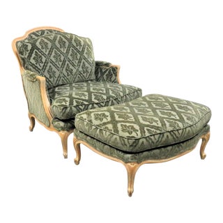 Louis XV Style Pickled Finish Bergere & Ottoman For Sale