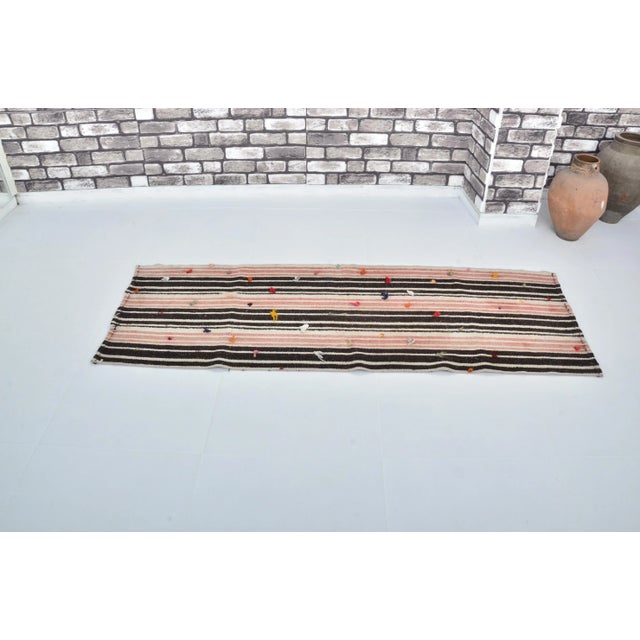 Art Deco 1960s Striped Design Fringe Processing Wool Kilim Runner Rug For Sale - Image 3 of 11