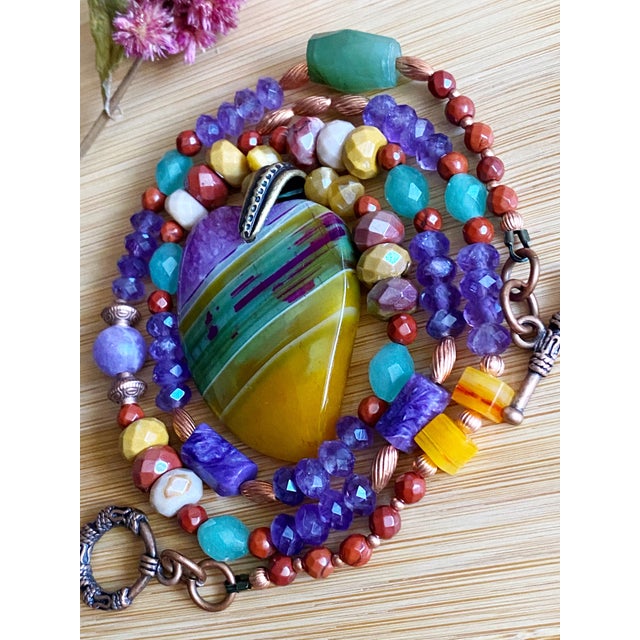 Metal Artisan Multigemstone Necklace With Agate Heart Pendant and Patinated Copper For Sale - Image 7 of 9
